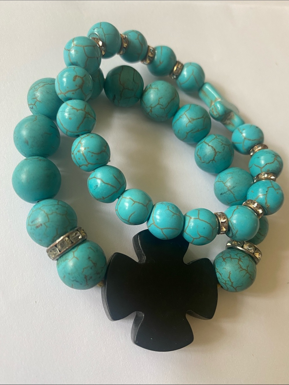 Genuine stones Bead Bracelet with Black Cross Pendant